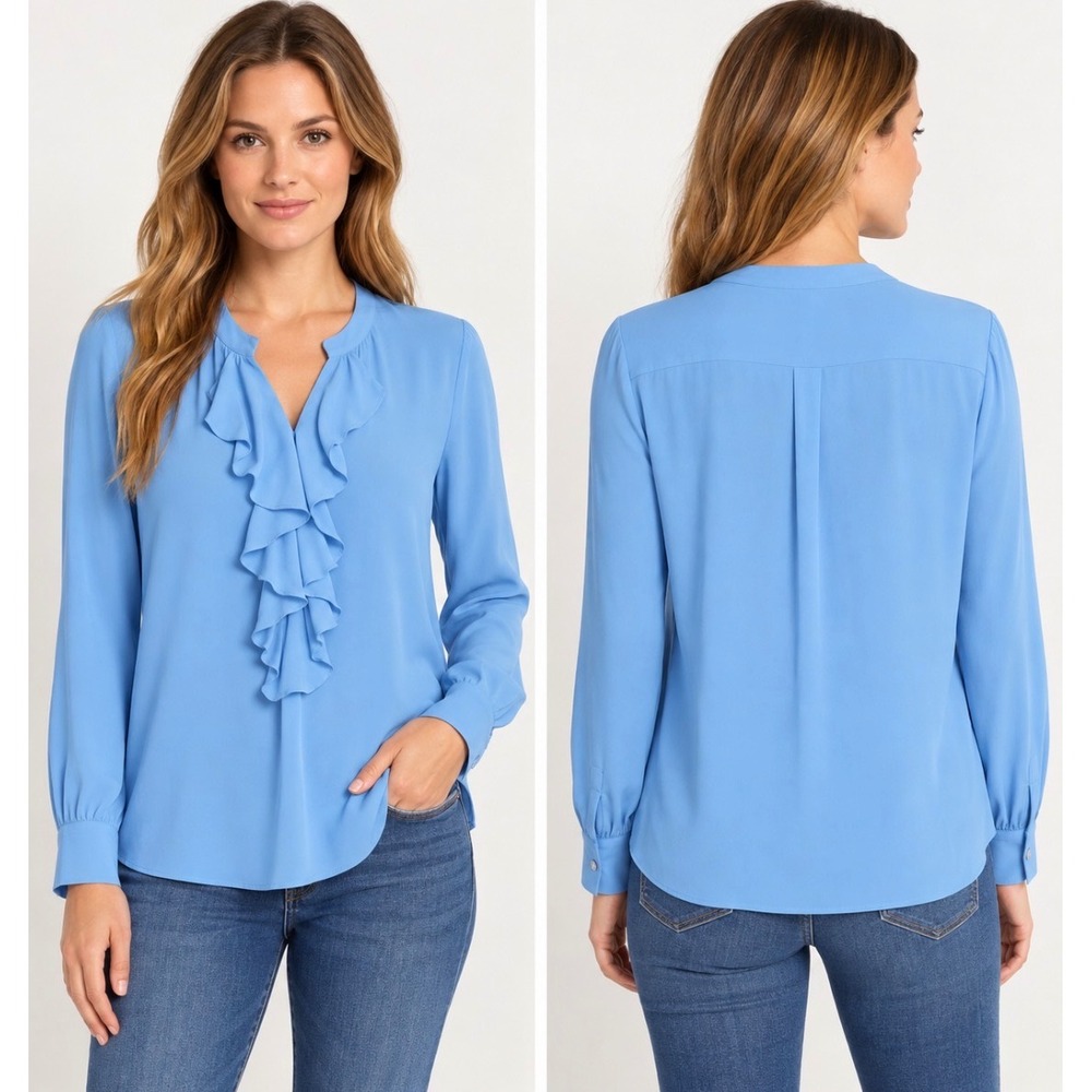Karl Lagerfeld Paris Shirt Blouse Large Bell Sleeve Button Down Ruffle Neck Blue